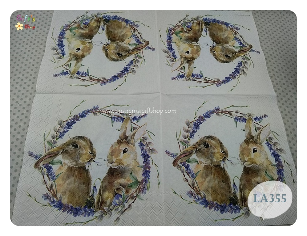 กระดาษแนปกิ้น ลายRabbit Wreath, ลายกระต่าย, ลายกระต่ายคู่, ลายหรีดกระต่าย, ลายกระต่ายคู่รัก, ลายกระต่ายในวงดอกไม้สีม่วง, ลายความรัก, พื้นหลังสีขาว