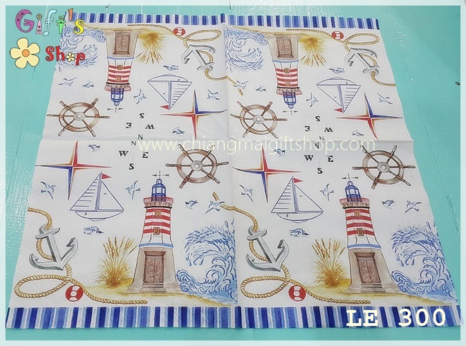 กระดาษแนปกิ้น ลายประภาคาร สมอเรือ คลื่นน้ำทะเล ทิศ พื้นหลังสีขาว