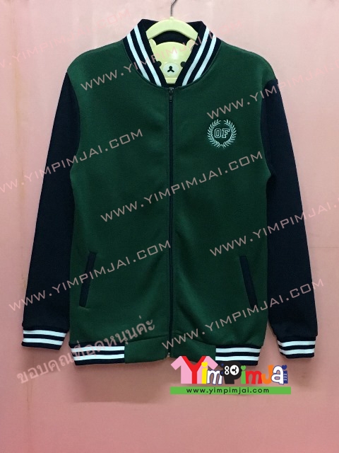 เสื้อกันหนาว เบสบอล สีเขียวเข้ม แขนยาวดำ ซิปดำ ลายตามสั่ง เสื้อห้อง เสื้อรุ่น We Are OF Team