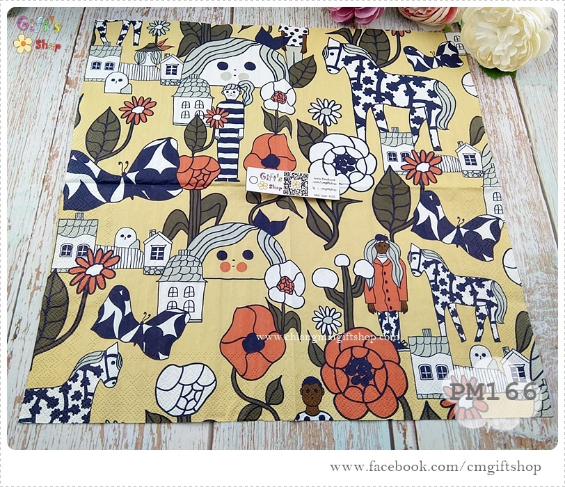 กระดาษแนปกิ้นยุโรป, ลายของ marimekko, ลาย MARIKYLA cream, ลายผู้หญิง, ลายม้า, ลายบ้าน, ลายดอกไม้, พื้นหลังสีครีม