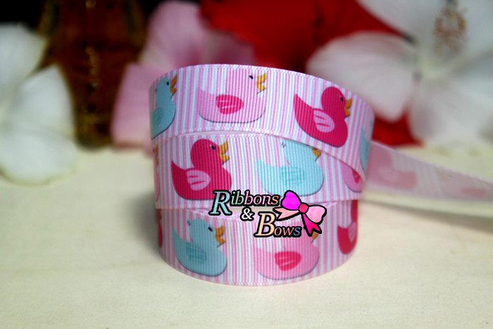 ริบบิ้นผ้าพิมพ์ลาย เป็ดน้อย กว้าง 22 mm #AN21