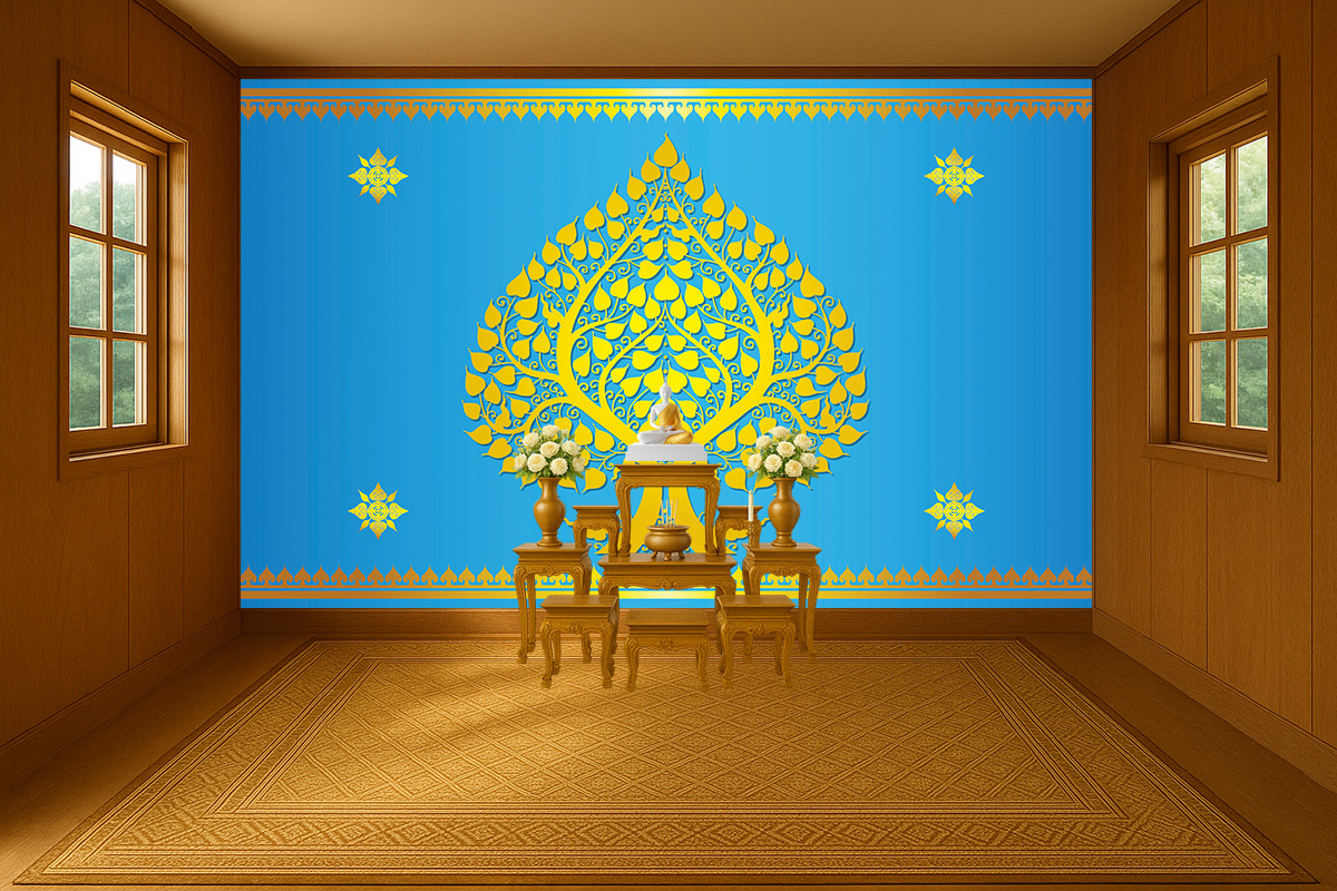 วอลเปเปอร์ภาพพิมพ์ ภาพต้นโพธิ์ทอง สั่งทำตามขนาด ออกแบบลายไทย เรียบหรู แดง/น้ำเงิน/เขียว/น้ำตาล CS-2023-BDT-001