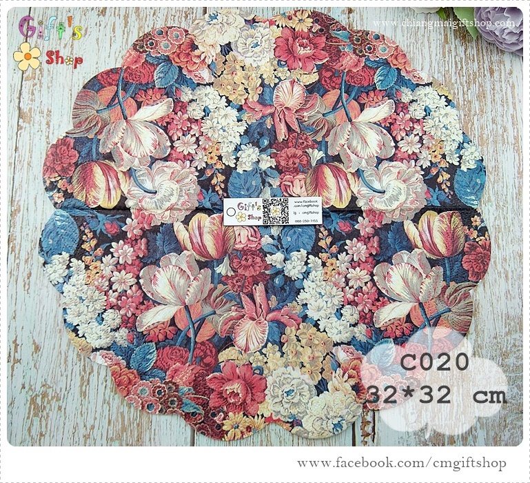 กระดาษแนปกิ้นวงกลม ลายดอกไม้หลายสี, ลายดอกทิวลิป, ลายFlower Splendor, ลายดอกไม้พื้นหลังสีเข้ม เส้นผ่านศูนย์กลาง32ซม.