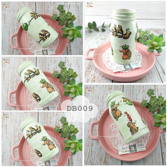 SALE !!! ขวดแก้วเดคูพาจ, แจกันเดคูพาจ, งานแฮนด์เมด ใส่ของได้อเนกประสงค์ ขายแบบ 1 ใบ ลายเม่นพื้นเขียว DB009, ลายเม่น