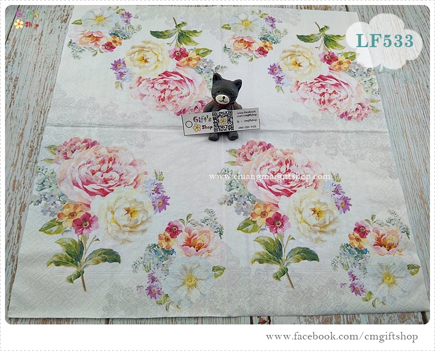 กระดาษแนปกิ้นยุโรป ,Romantic Lace, ลายดอกไม้สีหวาน, ลายช่อดอกไม้, ลายดอกกุหลาบ, ลายดอกไม้, พื้นหลังมีลายลูกไม้สีอ่อน, พื้นหลังสีอ่อน