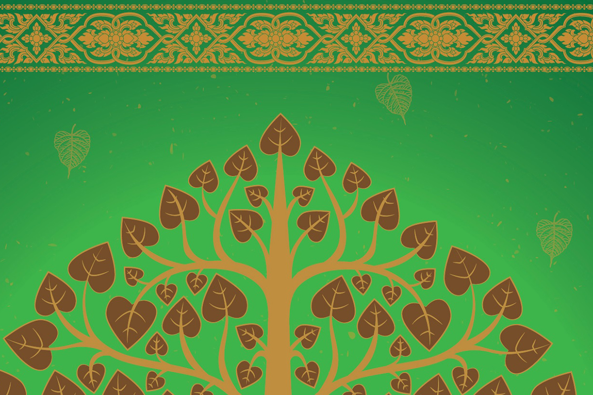 วอลเปเปอร์ภาพพิมพ์ ต้นโพธิ์-เทวดา-พญานาค ดีไซน์ใหม่ล่าสุด สีเขียว CV-BDT2025-005GN