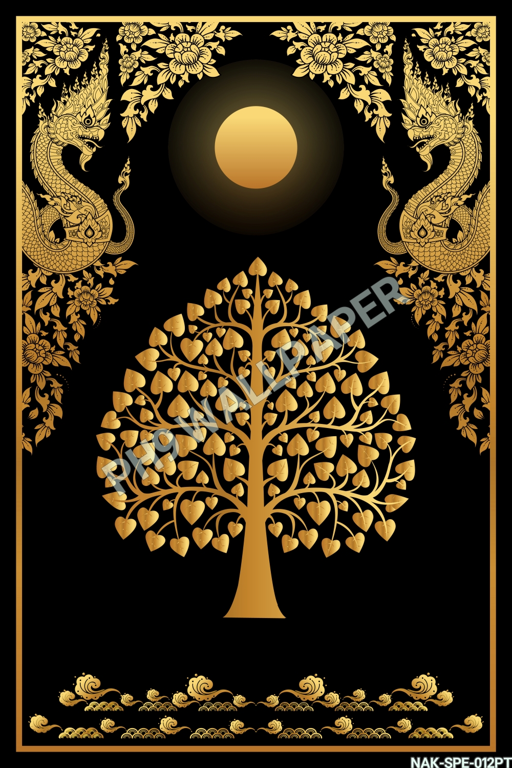 วอลเปเปอร์ภาพพิมพ์แคนวาส ภาพต้นโพธิ์-พญานาค สีทอง-ดำ สำหรับตกแต่งผนัง นิยมสำหรับตกแต่งผนังห้องพระ ร้านนวด-ร้านสปาไทย NAK-SPE-012CV
