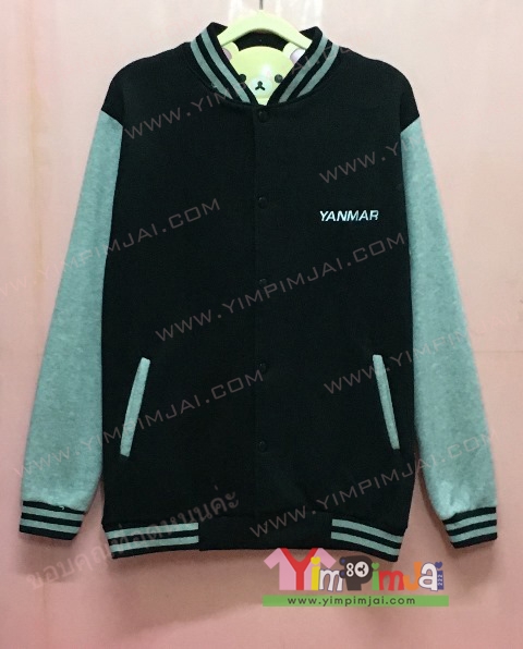 เสื้อกันหนาว เบสบอล สีดำ แขนยาวเทา กระดุมดำ ลายตามสั่ง เสื้อห้อง เสื้อรุ่น YANMAR YWK JOE CHOMPOO