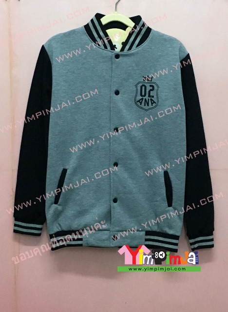 เสื้อกันหนาว เบสบอล สีเทา แขนยาวดำ กระดุมดำ มีกระเป๋า สกรีนตามสั่ง 02 ANA