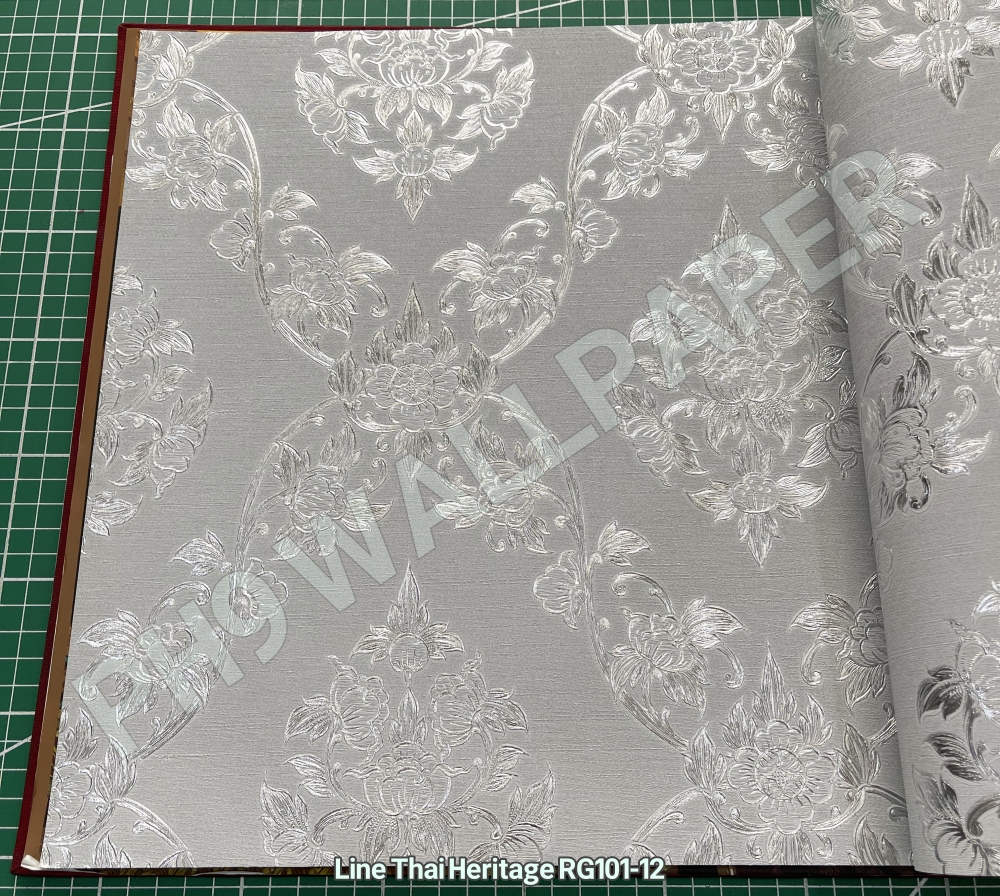 วอลเปเปอร์ลายไทย ดอกพุดตาน สีเงิน-เทา RG101-12