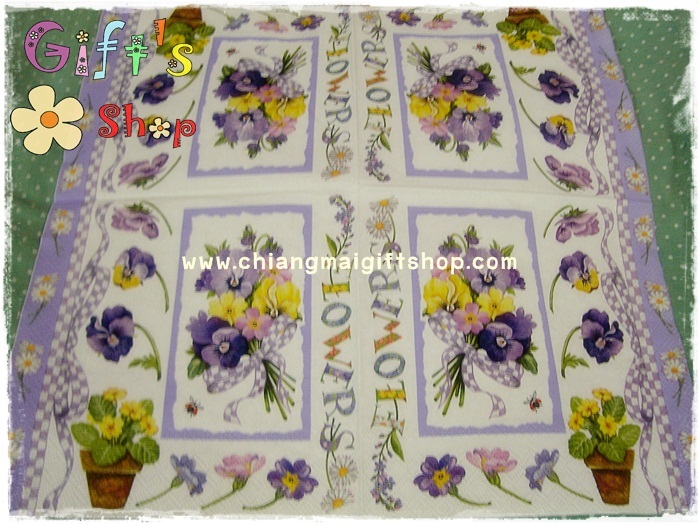 กระดาษแนปกิ้นยุโรป ลาย PANSY BOUQUET LILA ลายดอกไม้สีม่วง เหลือง พื้นหลังสีขาว