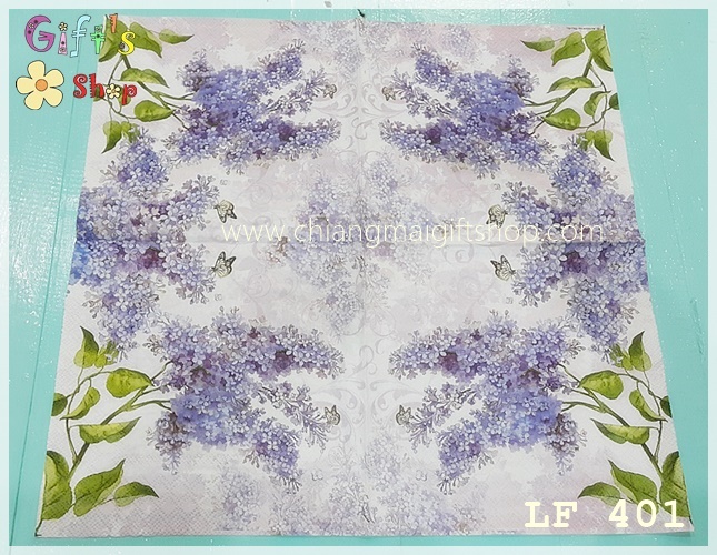 กระดาษแนปกิ้น ลาย Lilac ดอกไลแลค สีม่วง พื้นหลังสีม่วงอ่อน