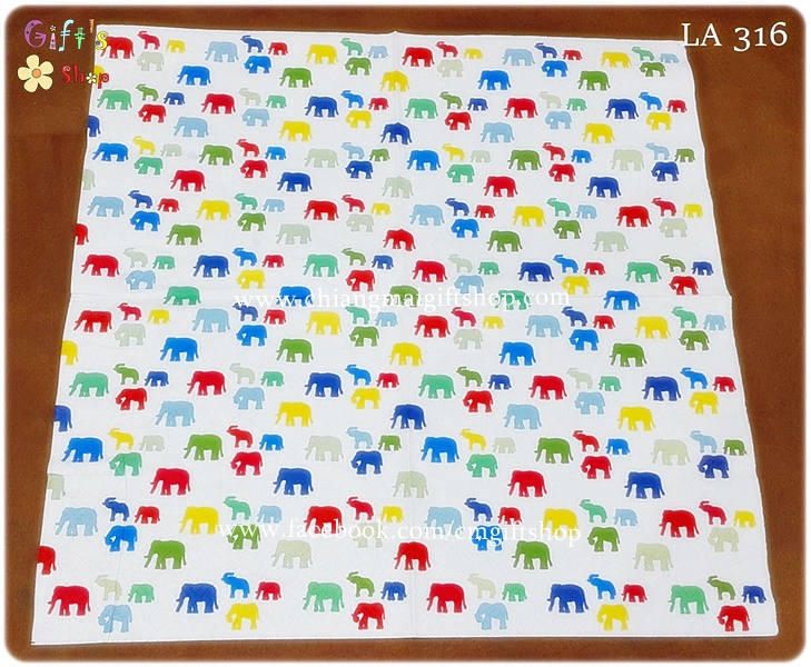 กระดาษแนปกิ้นยุโรป, ลายช้าง, ลายช้างตัวเล็กหลายสี, ลายช้างสีเหลืองแดงฟ้าน้ำเงินเขียว, ลายเงาช้างตัวเล็กหลายสี, ลายเต็มผืน, พื้นหลังสีขาว