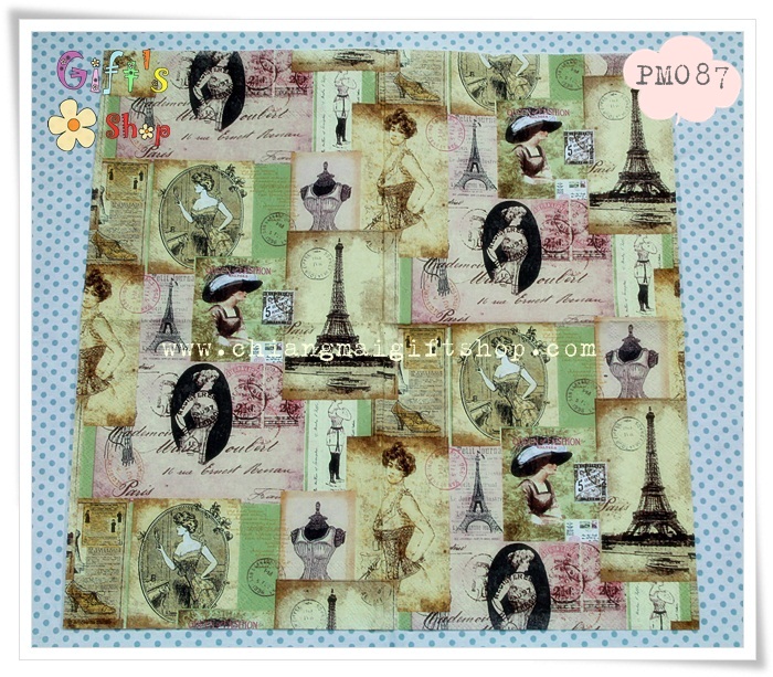 กระดาษแนปกิ้นยุโรป ลายผู้หญิง Madame A Paris ลายแสตมป์ ปารีส ฝรั่งเศส หอไอเฟล วินเทจ