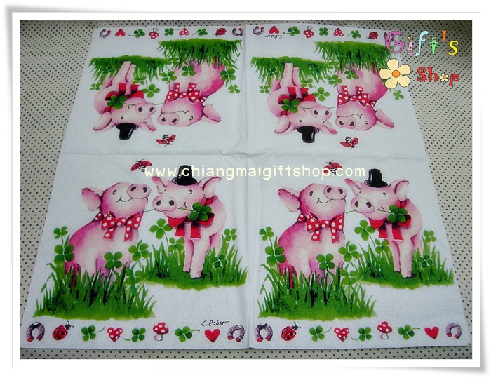กระดาษแนปกิ้น ลายหมู คู่รัก บ่าวสาว ดอกไม้ หัวใจ เห็ด พื้นหลังสีขาว