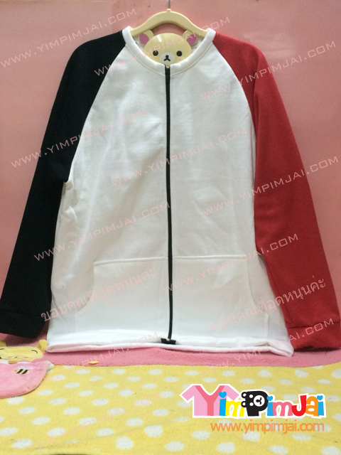 เสื้อกันหนาว สีขาว แขนยาวดำข้างแดงข้าง ซิปดำ สกรีนตามสั่ง