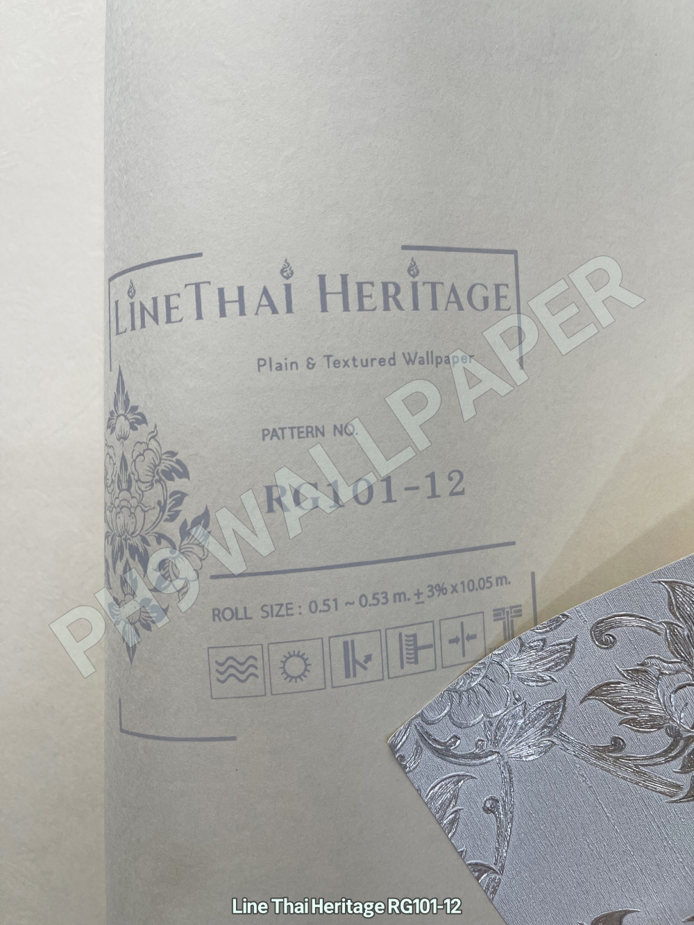 วอลเปเปอร์ลายไทย ดอกพุดตาน สีเงิน-เทา RG101-12