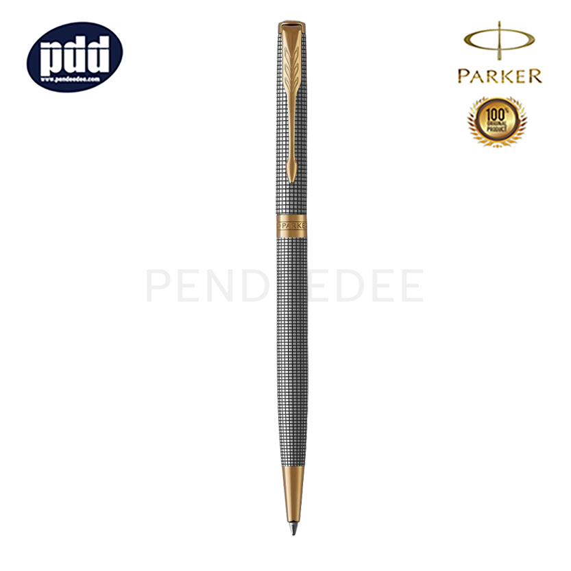 PARKER ปากกาลูกลื่นสลิม ป๊ากเกอร์ ซอนเนต ชิเซิล ซิลเวอร์ สีเงินลายดำ คลิปทอง PARKER Sonnet Slim Chiselled Silver GT Ballpoint Pen