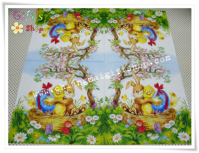กระดาษแนปกิ้นยุโรป, ลายกระต่ายกอดลูกเจี๊ยบกับไข่อีสเตอร์, พื้นหลังสีขาว, ลายไข่, ลายไข่อีสเตอร์, เทศกาลอีสเตอร์