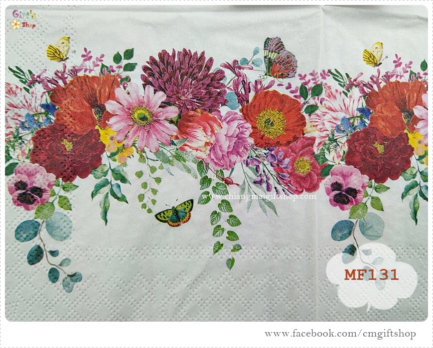 กระดาษแนปกิ้นยุโรป, ลายดอกไม้หลายชนิด,ลายดอกไม้สีแดง, ลายดอกไม้หลายสี, ลายขอบดอกไม้, พื้นหลังสีขาว, FLOWER BORDER white