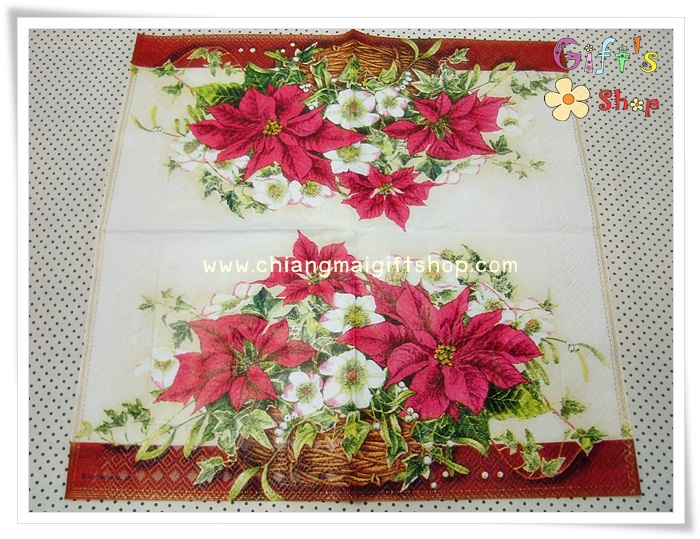 กระดาษแนปกิ้นยุโรป, ลายดอกคริสต์มาสในตะกร้า, ลายดอกคริสต์มาส, ลายดอกไม้สีแดง, ลายดอกไม้, ลายคริสต์มาส, พื้นหลังสีครีม