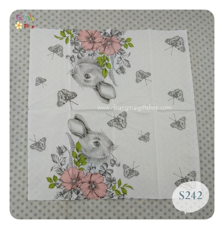 กระดาษแนปกิ้น ลายGraphite Bunny ลายกระต่าย ลายกระต่ายลายเส้นดินสอ ลายกระต่ายกับดอกไม้สีชมพูและผีเสื้อ ลายผีเสื้อ ลายดอกไม้สีชมพู พื้นหลังสีขาว