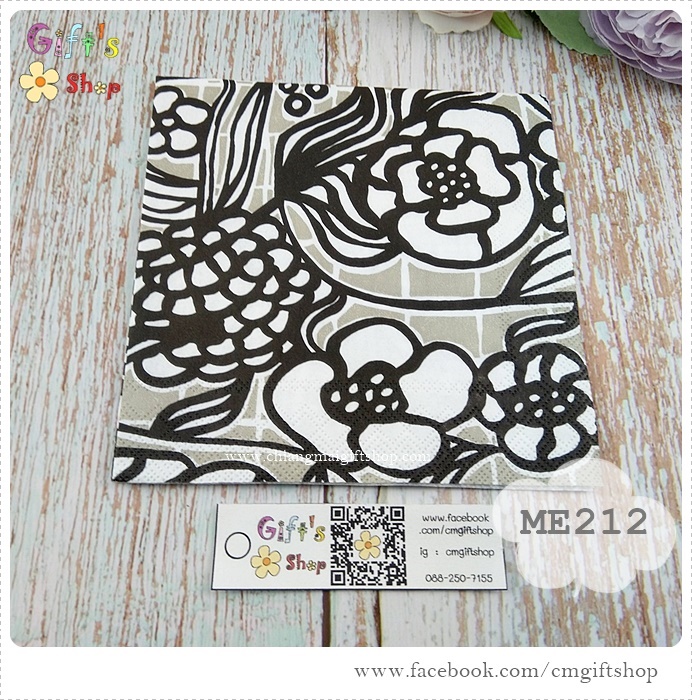 กระดาษแนปกิ้น ลาย FLORISTI linen ลายดอกไม้ลายเส้นสีขาวดำเทา ลายของ Marimekko