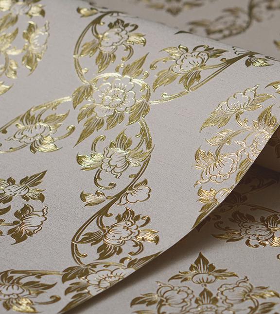 วอลเปเปอร์ลายไทย ดอกพุดตาน สีทอง-พื้นเทา RG101-02