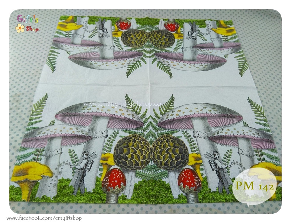 กระดาษแนปกิ้นยุโรป, ลายMushrooms, ลายเห็ด, ลายเห็ดด้านในสีชมพู, ลายเห็ดสีเหลือง, ลายเห็ดสีแดง, ลายเห็ดกลม, ลายเห็ดสีขาว, ลายใบเฟิร์น, ลายผู้ชายมีปีกฉีดพ่นดอกไม้, พื้นหลังสีอ่อน