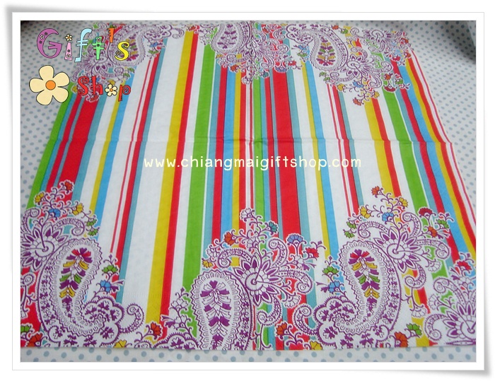 กระดาษแนปกิ้น ลายเส้นขาว เหลือง แดง เขียว ฟ้า ขอบลายวินเทจ สีม่วง