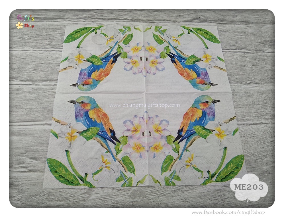 กระดาษแนปกิ้น ลายนกกับดอกลีลาวดี, ลายSrilanka, ลายนกเกาะดอกไม้, ลายนกสีฟ้าสีส้มสีน้ำเงิน, ลายนก, ลายดอกไม้สีขาว, พื้นหลังสีขาว