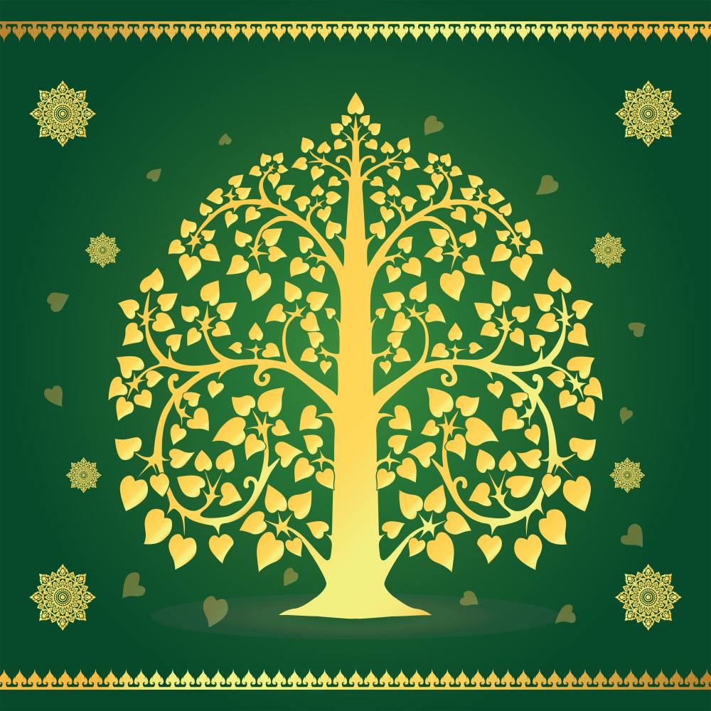 วอลเปเปอร์ติดผนังภาพต้นโพธิ์ทอง สีแดง/น้ำเงิน/ดำ/น้ำตาล/เขียว/ทอง/ขาว CS-2022-BDT-005