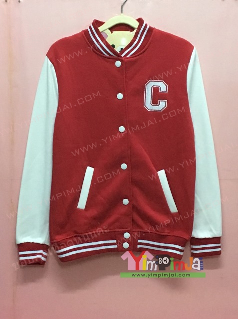 เสื้อกันหนาว เบสบอล สีแดง แขนยาวขาว กระดุมขาว ลายตามสั่ง เสื้อห้อง เสื้อรุ่น C CAPRICORN 12 B LIBRA 10 P PISCES 19