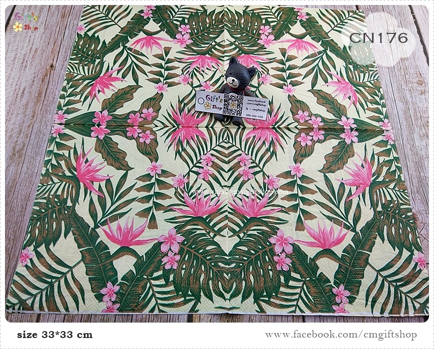 กระดาษแนปกิ้น, ลายดอกไม้สีชมพูกับใบไม้, ลายทรอปิคอล, ลายดอกไม้ใบไม้แบบทรอปิคอล, พื้นหลังสีครีม, ลายใบไม้หลายแบบ,