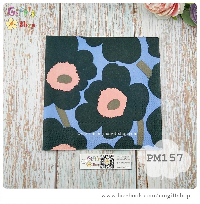 กระดาษแนปกิ้นยุโรป, ลายดอกไม้ , ลาย UNIKKO green blue โทนสีเขียว, ลายของ marimekko ดอกไม้สีเขียว, พื้นหลังสีฟ้า