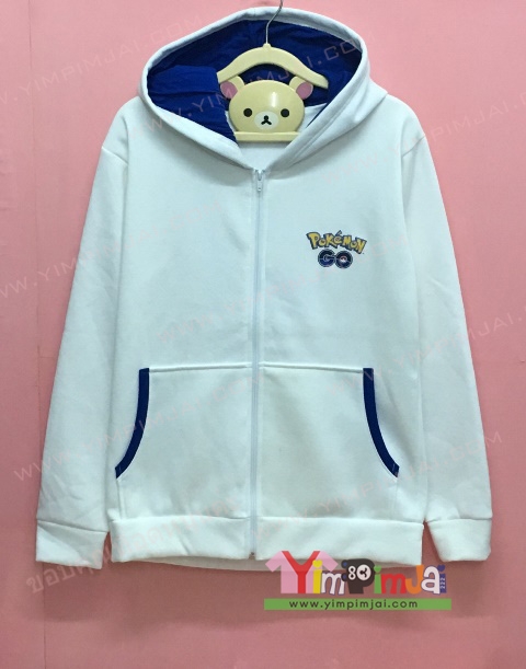 เสื้อฮู้ด เสื้อกันหนาว เสื้อรุ่น สีขาว แขนยาว หมวกขาวในน้ำเงิน ซิปขาว มีกระเป๋า สกรีนตามสั่ง POKEMON GO THAILAND MYSTIC