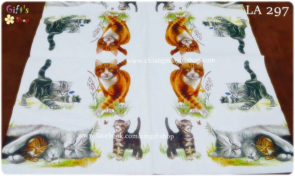 กระดาษแนปกิ้น ลายแมว ลายลูกแมวเดินเล่น นอนกอดกัน เล่นผีเสื้อ ลูกแมวหลายสี พื้นหลังสีขาว