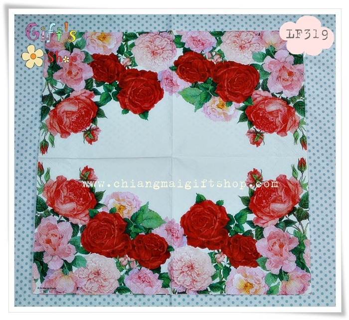 กระดาษแนปกิ้น ลายดอกกุหลาบสีชมพู พื้นหลังสีขาว
