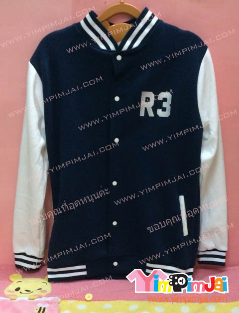 เสื้อกันหนาว เบสบอล สีกรมท่า ลายตามสั่ง เช่น เสื้อรุ่น ห้อง R3 โรงเรียนเบ็ญจะมะมหาราช