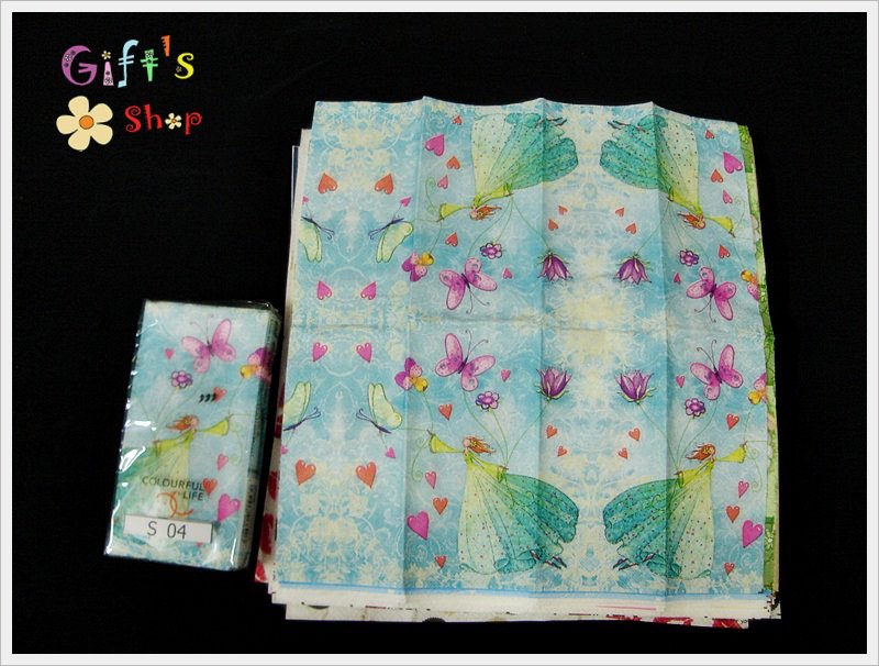 กระดาษแนปกิ้น, ลายหญิงสาว, ลายดอกไม้, ลายผีเสื้อ, พื้นหลังสีฟ้า, ลายเล็กๆ
