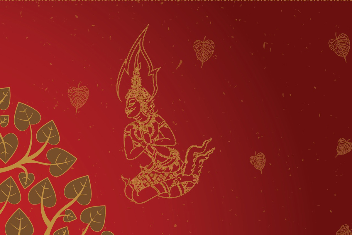 วอลเปเปอร์ภาพพิมพ์ ต้นโพธิ์-เทวดา-พญานาค ดีไซน์ใหม่ล่าสุด สีแดง CV-BDT2025-005RD