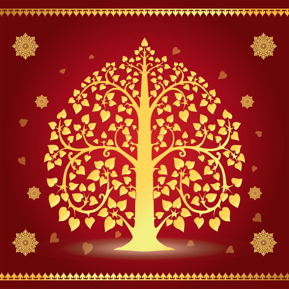 วอลเปเปอร์ติดผนังภาพต้นโพธิ์ทอง สีแดง/น้ำเงิน/ดำ/น้ำตาล/เขียว/ทอง/ขาว CS-2022-BDT-005