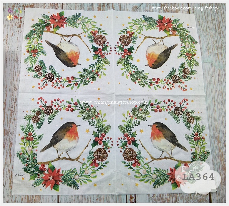 กระดาษแนปกิ้น ลายนก, ลายHey Robin, ลายนกเกาะกิ่งไม้, ลายนกในวงเบอร์รี่, ลายนกกับดอกคริสต์มาส, ลายฤดูหนาว, พื้นหลังสีขาว