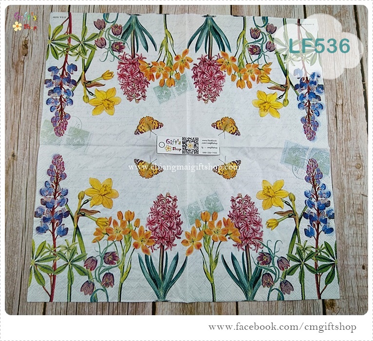 กระดาษแนปกิ้นยุโรป ,ลายดอกไม้หลายชนิด, ลายดอกไม้หลายสี, ลายทุ่งดอกไม้, ลายSpring flowers, ลายดอกไม้กับแสตมป์, ลายดอกไม้สีส้ม, ลายดอกไม้สีแดง, ลายดอกไม้สีเหลือง, ลายดอกไม้สีนำเงิน, ลายผีเสื้อ, พื้นหลังสีขาว
