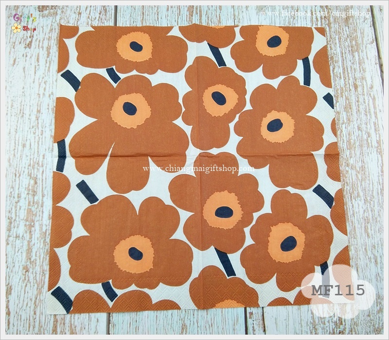 กระดาษแนปกิ้น ลายUNIKKO terracotta ลายดอกไม้ ลายของ marimekko ลายดอกไม้สีน้ำตาล น้ำตาลส้ม สีอิฐ ก้านและเกสรสีดำ พื้นหลังสีครีม