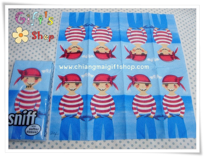 กระดาษแนปกิ้น ลายโจรสลัดปิดตา เด็กชายใส่หมวกสีแดง ใส่เสื้อลายทาง