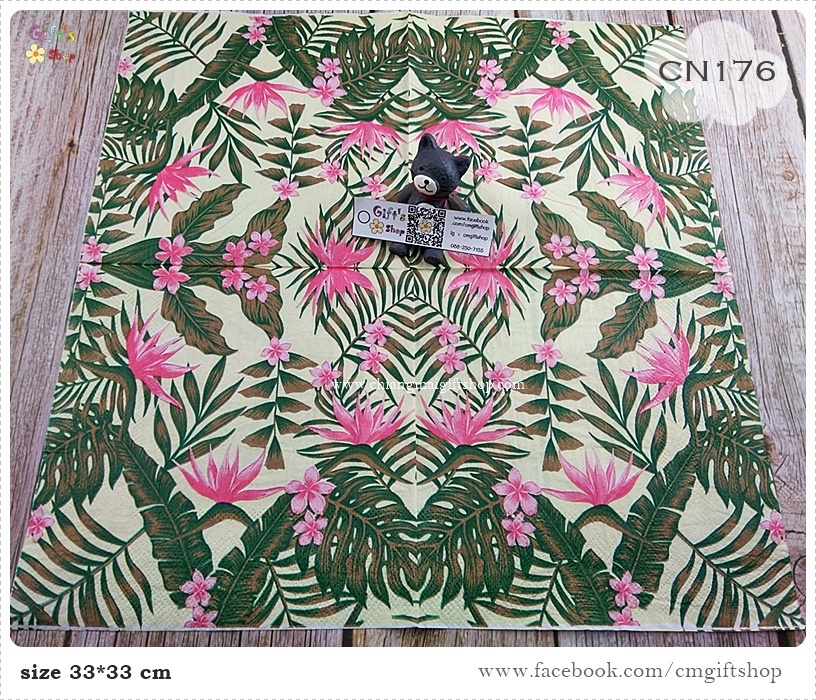 กระดาษแนปกิ้น, ลายดอกไม้สีชมพูกับใบไม้, ลายทรอปิคอล, ลายดอกไม้ใบไม้แบบทรอปิคอล, พื้นหลังสีครีม, ลายใบไม้หลายแบบ,