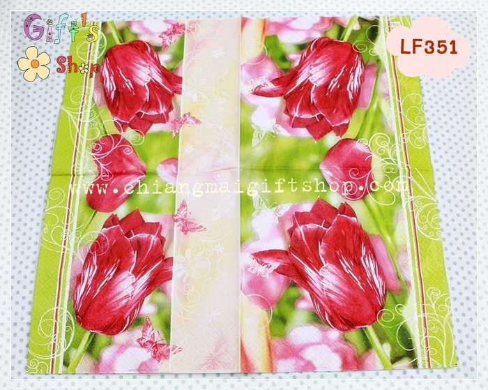 กระดาษแนปกิ้นยุโรป, ลายดอกทิวลิป, ลายดอกทิวลิปสีแดง, ลายดอกทิวลิปกับผีเสื้อเล็กๆ, ขอบสีเขียว