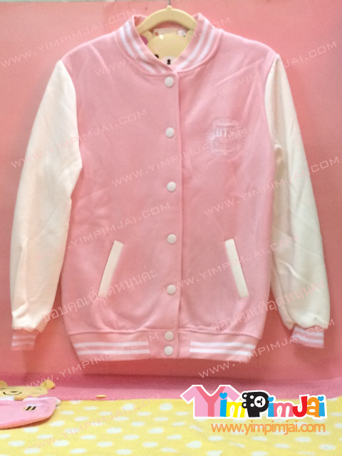 เสื้อกันหนาว เบสบอล สีชมพู แขนขาว ลายตามสั่ง วงนกร้องเกาหลี BTS