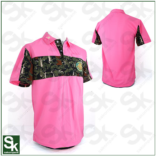 เสื้อโปโลสีชมพู คาด-อก ลายพราง /ป่าไม้(ผ้ากีฬา)